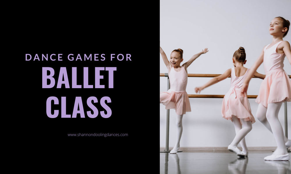 A photo of 3 young, white, female-presenting ballet dancers joyfully jumping. On the right, a purple text on a black background reads Dance Games for Ballet Class