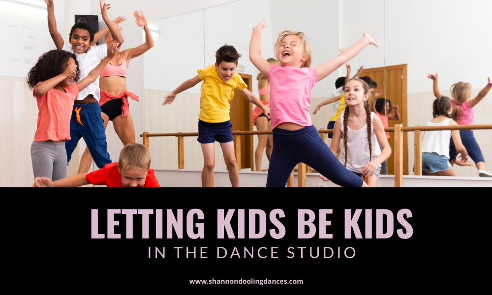 A diverse group of children in bright clothes jump in a dance studio. On the bottom, pink text on a black background reads letting kids be kids in the dance studio.