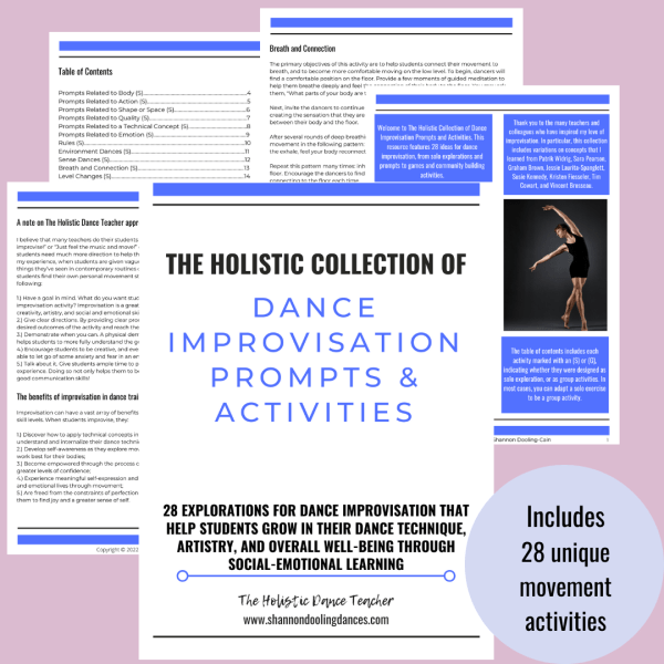 On a pink background, sample pages from The Holistic Collection of Dance Improvisation Prompts and Activities