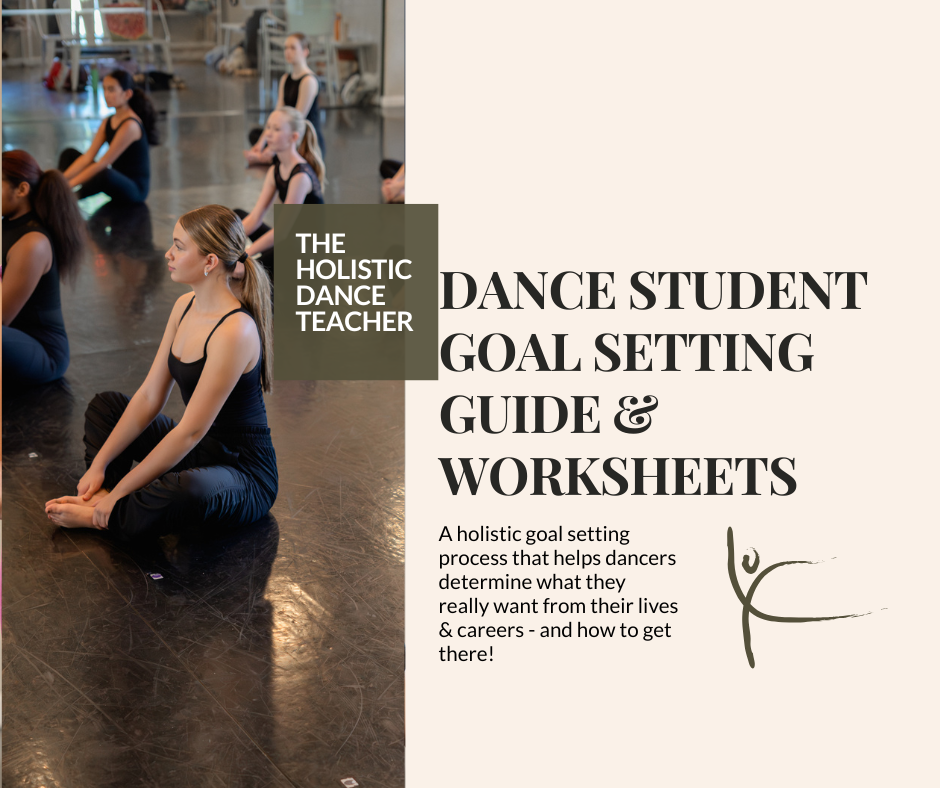 On the right side of the image, dancers seated in a butterfly stretch. They are wearing black dance outfits. On the left side, black text reads: The Holistic Dance Teacher Dance Student Goal-Setting Guide & Worksheets