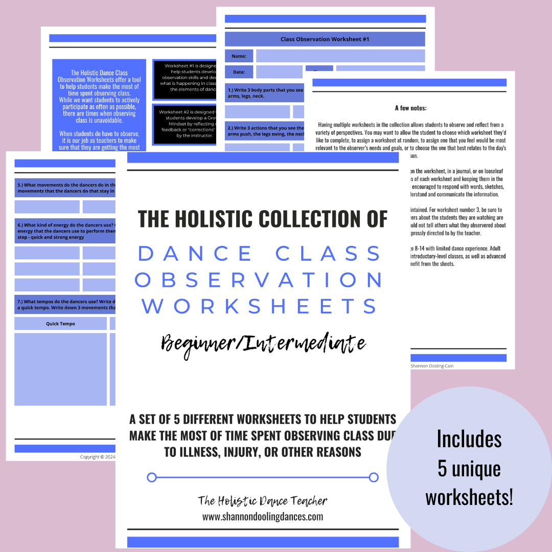 On a pink background, sample pages from The Holistic Collection of Dance Class Observation Worksheets - Beginner/Intermediate