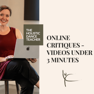 On the left side of the image, a photo of Shannon Dooling-Cain, a white woman with short brown hair. She is wearing a burgundy colored dance top. She is sitting on a stool in a dance studio with a laptop open on her lap. On the right side of the image, black text reads: ONLINE CRITIQUES: VIDEO UNDER 3 MINUTES