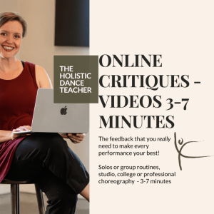 On the left side of the image, a photo of Shannon Dooling-Cain, a white woman with short brown hair. She is wearing a burgundy colored dance top. She is sitting on a stool in a dance studio with a laptop open on her lap. On the right side of the image, black text reads: ONLINE CRITIQUES: VIDEO UNDER 7 MINUTES The feedback that you really need to make every performance your best! Solos, small group, or large group routines college or professional choreography 3-7 minutes