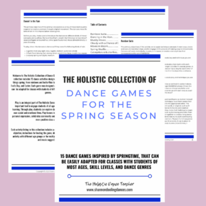 On a pink background, 5 sample pages from The Holistic Collection of Dance Games for the Spring Season.