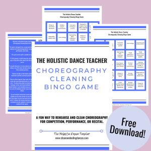 On a pink background, sample pages from The Holistic Dance Teacher Choreography Cleaning Bingo Game