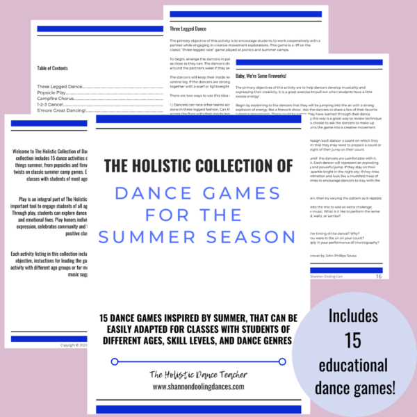 On a pink background, sample pages from The Holistic Collection of Dance Games for the Summer Season