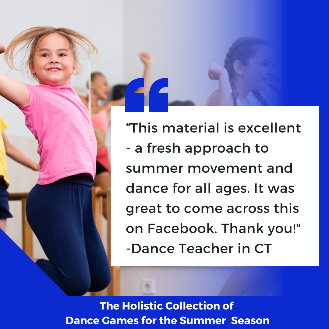A photo of a young dancer, who is white with blond hair and female-presenting. She is wearing a pink shirt and jumping with arms raised. Text on the image reads: “This material is excellent - a fresh approach to summer movement and dance for all ages. It was great to come across this on Facebook. Thank you!"