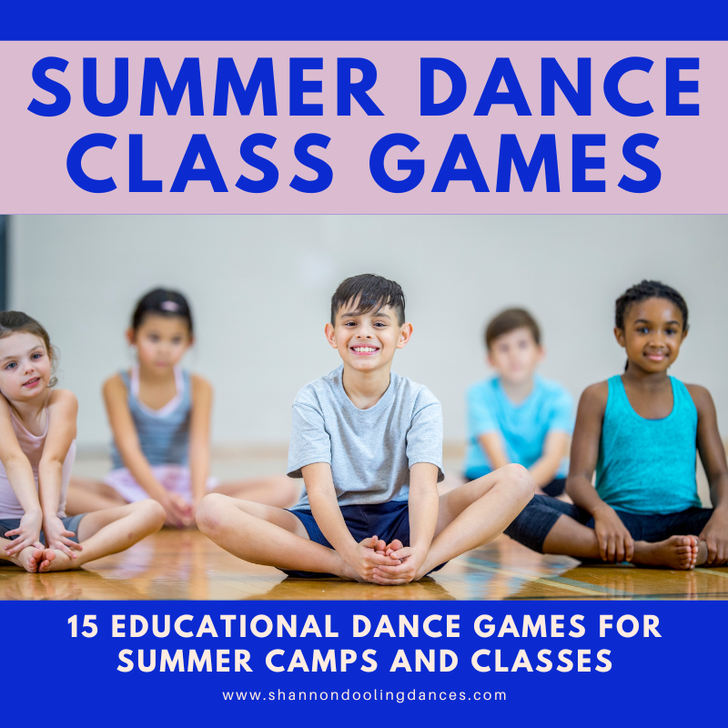 Against a background of blue and pink, a photo of a diverse group of 5 children sitting in a butterfly position. Text reads: Summer Dance Class Games - 15 educational dance games for summer camps and classes