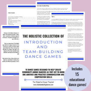 On a pink background, sample pages from The Holistic Collection of Introduction and Team Building Dance Games