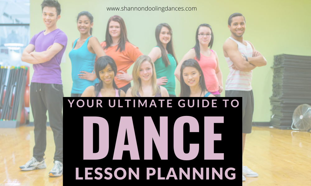 A diverse group of dance teachers pose together, looking at the camera. On the bottom center if the image, pink text on a black background reads Your Ultimate Guide to Dance Lesson Planning.