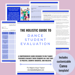 On a pink background are 5 sample pages from The Holistic Guide to Dance Student Evaluation.