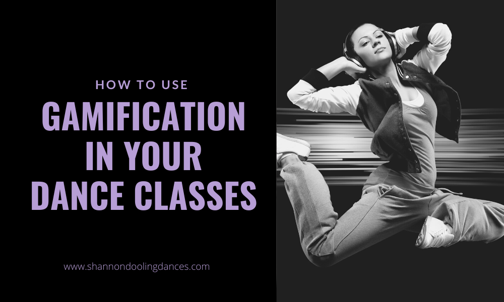 On the right side go the image, purple text reads "How to Use Gamification in Your Dance Classes" in purple font on a black background. On the left, a teenage dancer wearing street clothes does a jump.