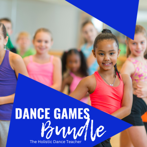 A diverse group of young dancers strikes a pose and smiles at the camera. On the bottom of the image, white text on a blue background reads "Dance Games Bundle"