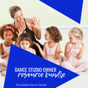 A light skinned female dance teacher with her hair in a bun sits with a diverse group of young female dance students wearing pink leotards. At the bottom of the image, white text on a blue background reads Dance Studio Owner Resource Bundle.
