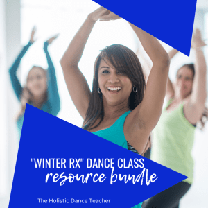 A dance teacher with long dark hair and olive skin, wearing a blue shirt, smiles and poses with her arms up. Two students can be seen in the background. On the bottom of the image, white text on a blue background reads "Winter RX Dance Class Resource Bundle"