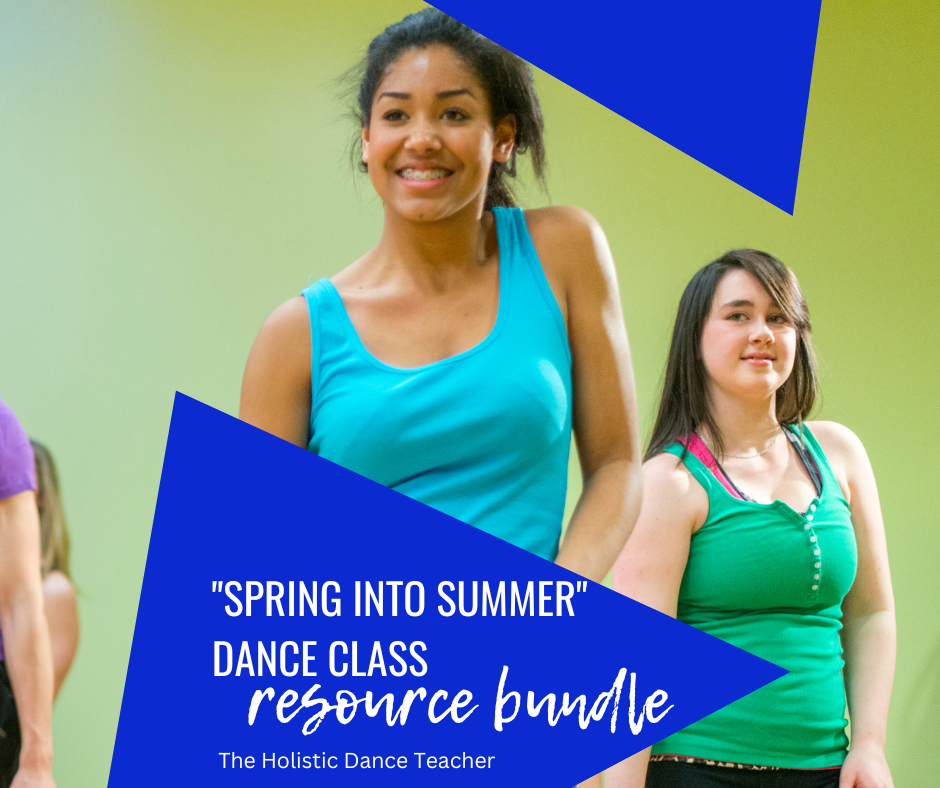 Two teenage dancers smile and pose for the camera. One has dark skin and curly hair and is wearing a blue shirt. The other has light skin and brown hair and is wearing a green shirt. On the bottom of the image, white text on a blue background reads "Spring into Summer" Dance Class Resource Bundle