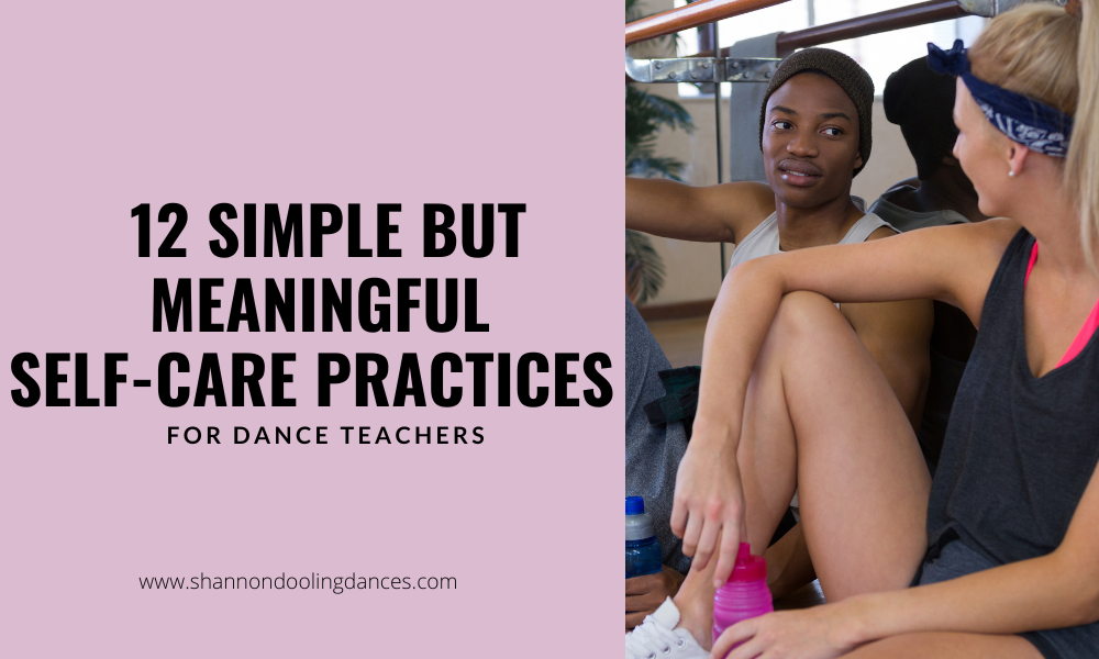 A photo of two dance teachers, one Black male-presenting and one White female-presenting. They are sitting on the floor of the dance studio. On the left side of the image, black text on a pink background reads: 12 simple but meaningful self-care practices for dance teachers.