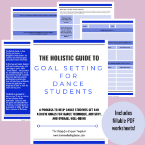 On a pink background, sample pages from The Holistic Guide to Goal Setting for Dance Students