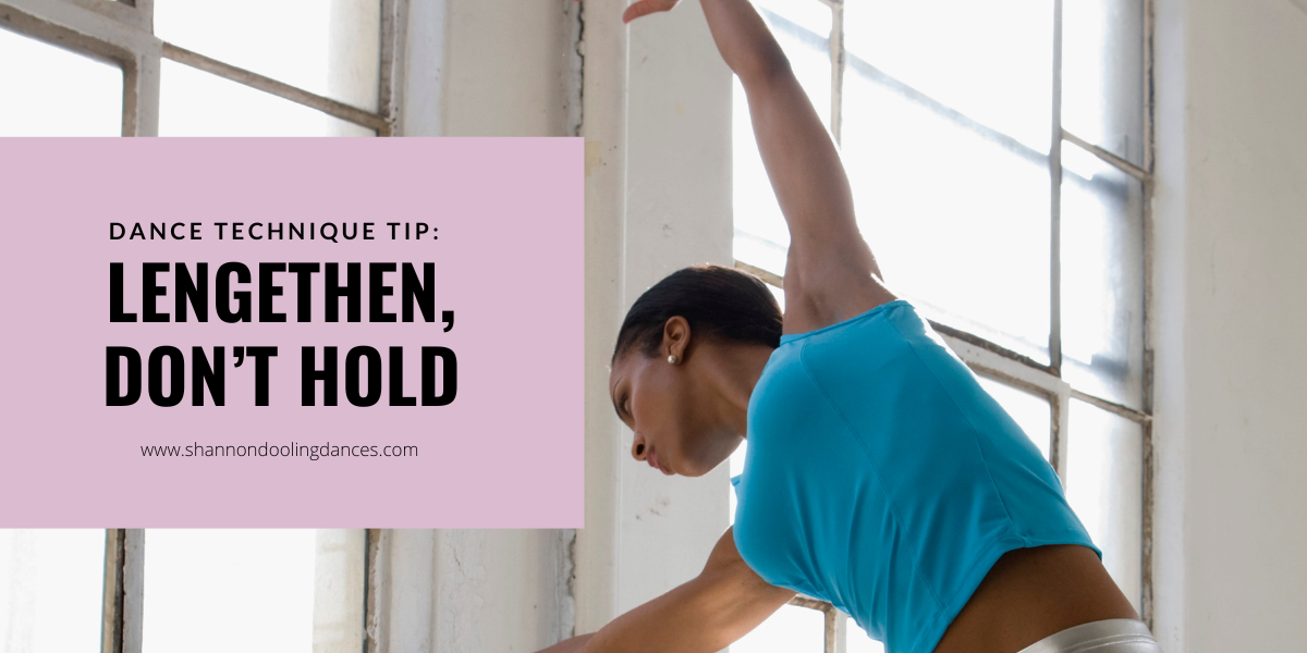 A photo of a Black, female presenting dancer in a blue tank top bending to the side. On the image, black text in a pink background reads, "Dance Technique Tip: Lengthen, Don't Hold."