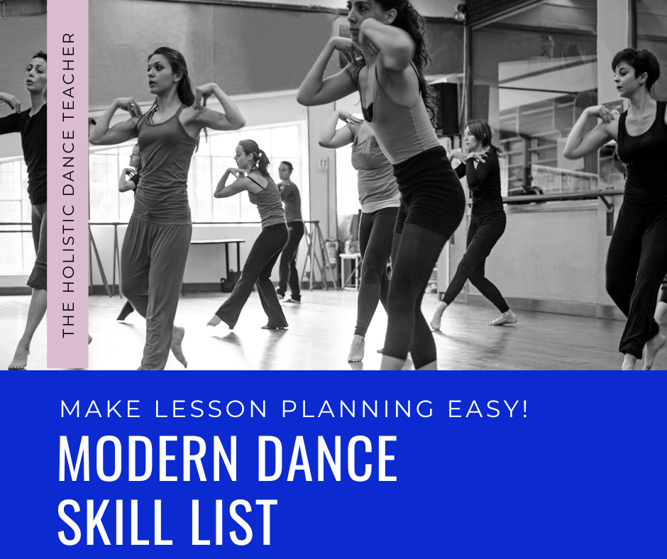 A black and white photo of modern dancers in class. Under the photo, white text on a blue background reads "Make Lesson Planning Easy! Modern Dance Skill List. The Holistic Dance Teacher