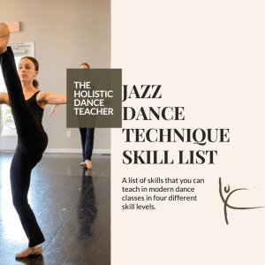 On the left, a photo of a female young adult dance student wearing a black dance outfit and doing a high kick to the front. On the right, black text reads The Holistic Dance Teacher Jazz Dance Technique Skill List
