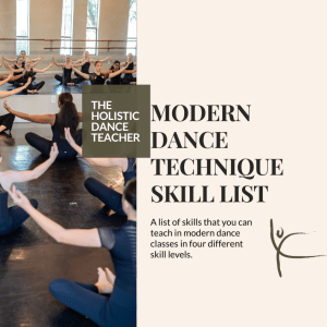 On the left side of the image, a photo of Shannon Dooling-Cain, a white woman with short brown hair wearing a black dance outfit. She leading a dance class as they sit with their arms out in a curved position. On the left side of the image, black text reads The Holistic Dance Teacher Modern Dance Skill List