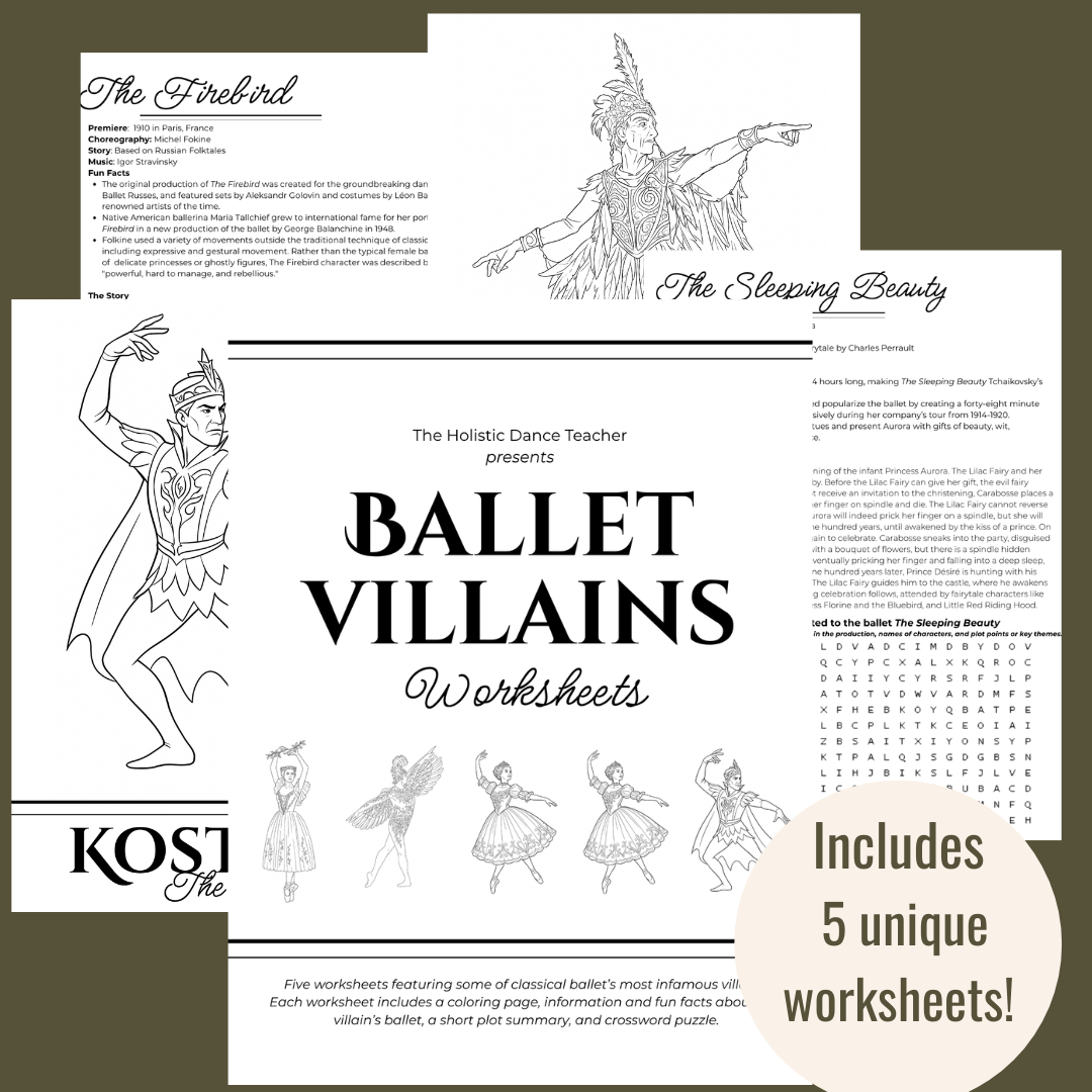 Against a green background, sample pages from The Ballet Villains Worksheets by The Holistic Dance Teacher