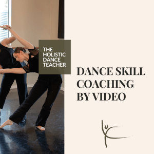 On the left side of the image, a photo of Shannon Dooling-Cain, a white woman with short brown hair, wearing black dance clothes. She is working with a dance student, who is doing a lateral pose. On the right side of the image, black text on a cream background reads: Video Skill Coaching
